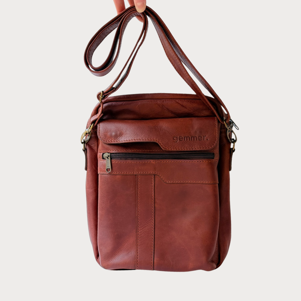 Alex Bag – Front Strap View – Tobacco Leather Bag