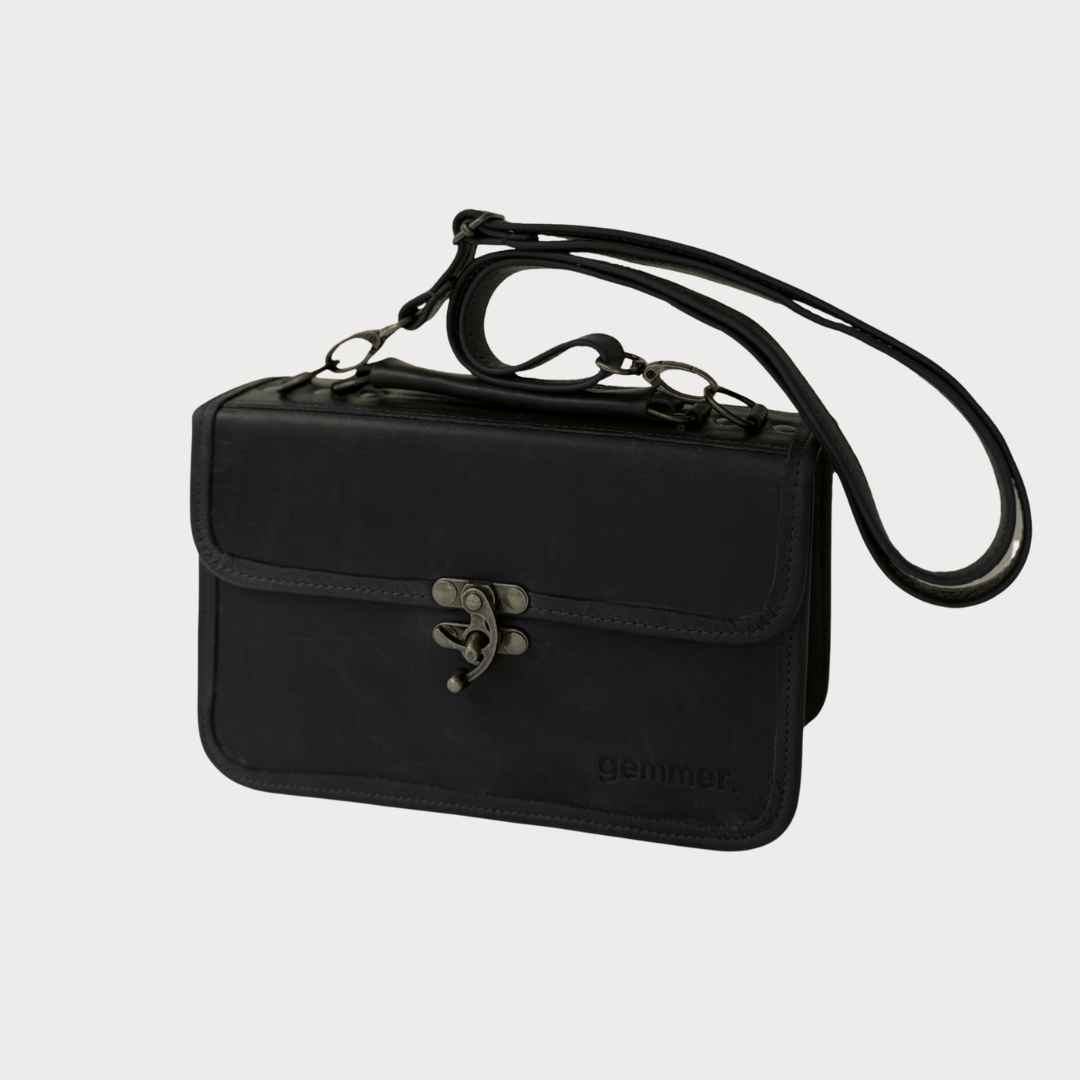 Amanda Handbag – Front Strap View – Black Leather Bag