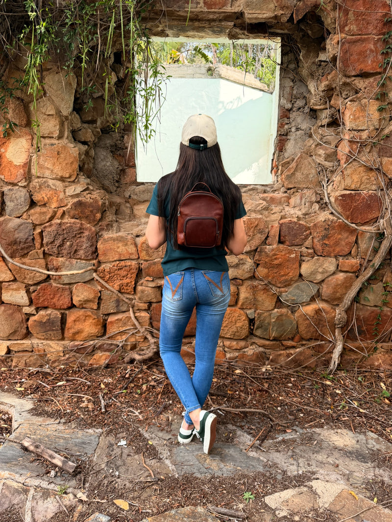 Jane Backpack – Lifestyle Photo – Lady Carrying Tobacco Leather Backpack