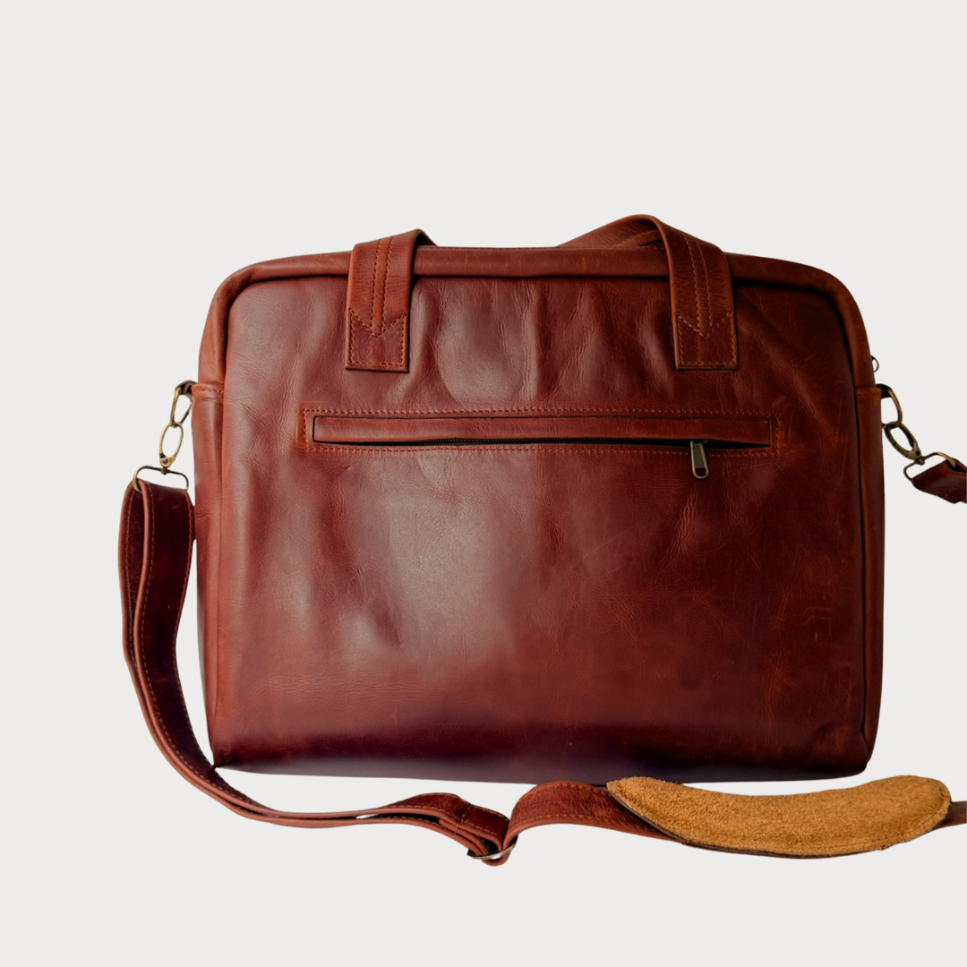 Ludwig Laptop Bag – Back with Strap View – Tobacco Leather Bag