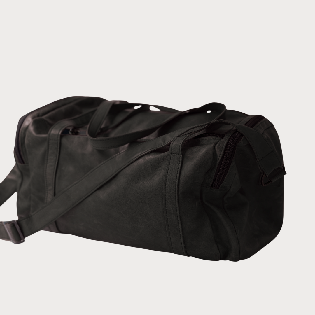 Luke Bag – Front View – Black Leather Duffel Bag