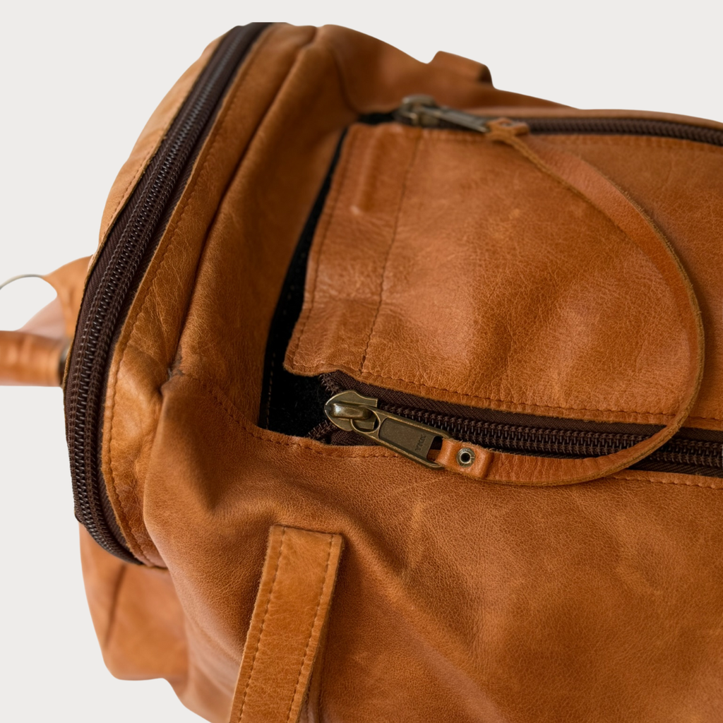 Luke Bag – Top View – Toffee Leather Duffel Bag