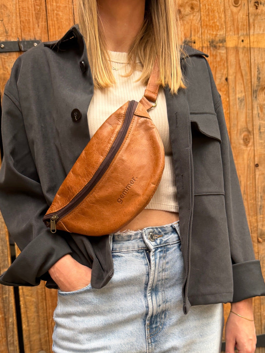 Moon Bag - Lifestyle Photo – Lady Carrying Toffee Leather Bag