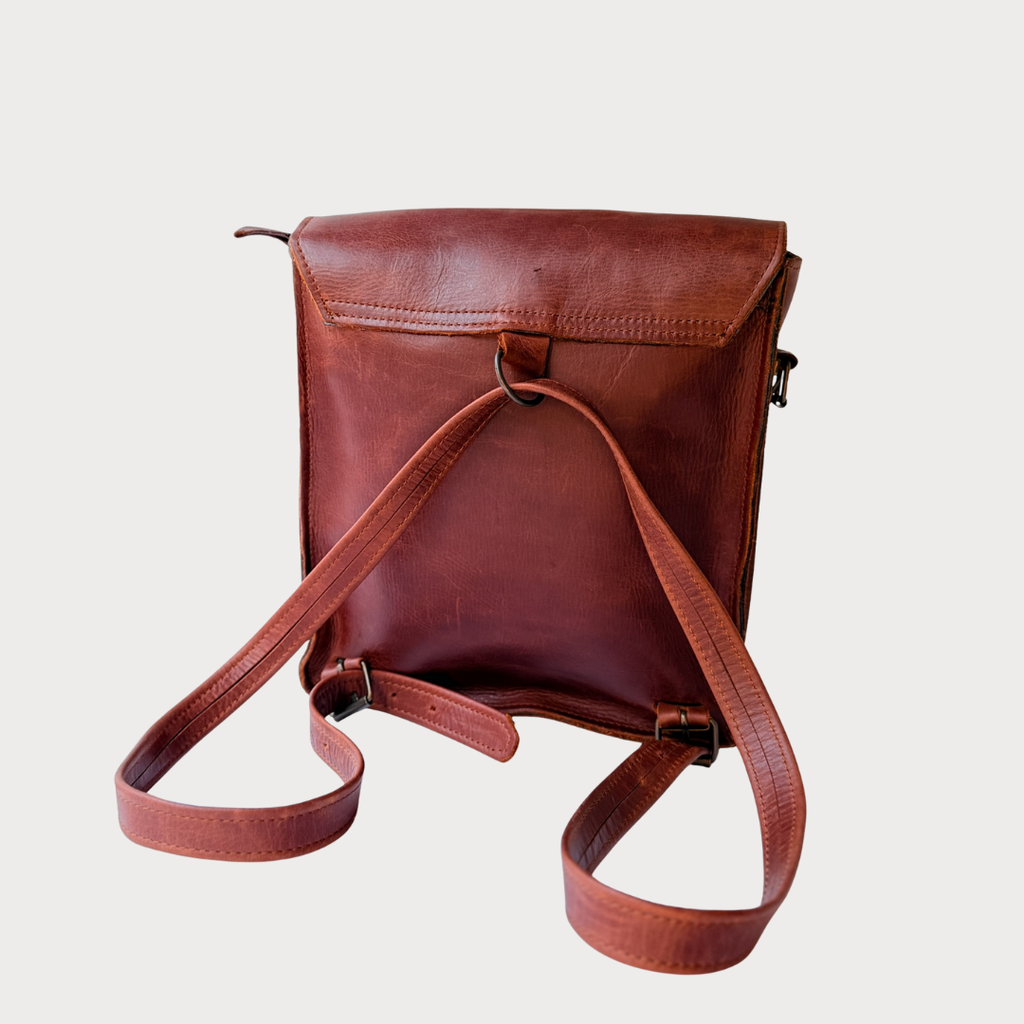 TRVL Backpack – Back View – Tobacco Leather Bag