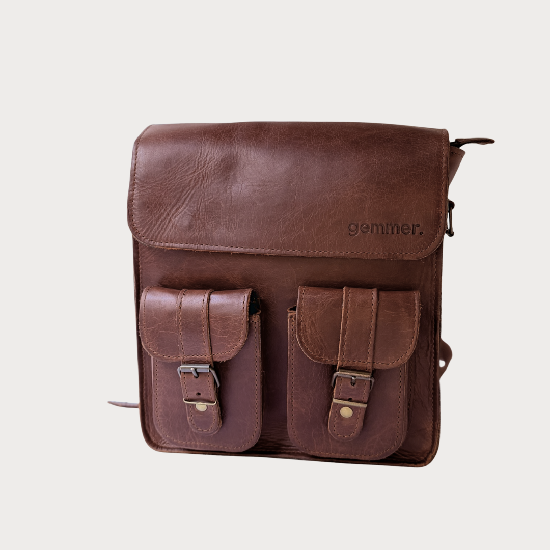 TRVL Backpack – Front View – Brown Leather Bag