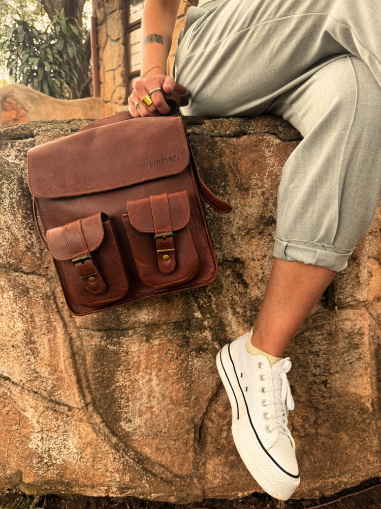 TRVL Backpack – Lifestyle Photo – Lady Carrying Tobacco Leather Bag