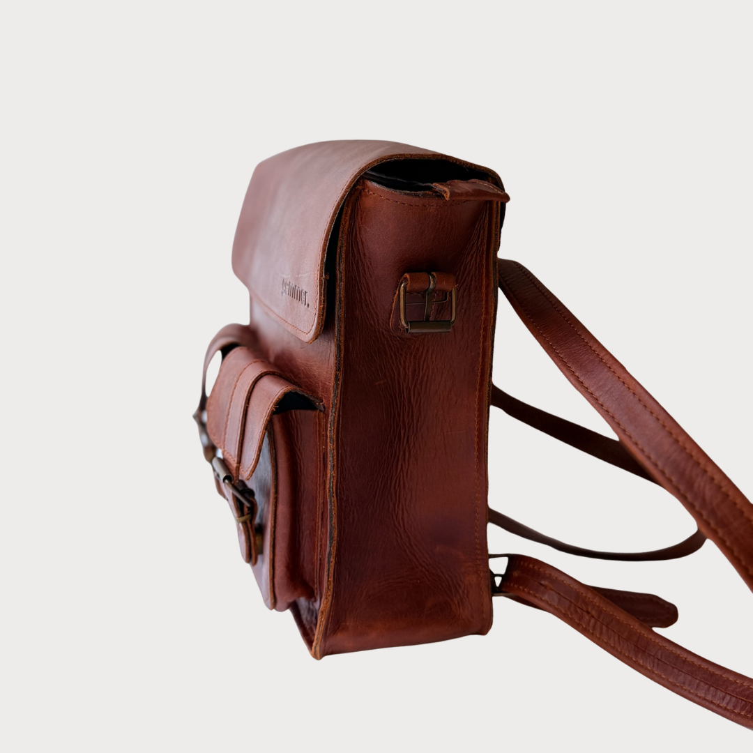 TRVL Backpack – Side View – Tobacco Leather Bag
