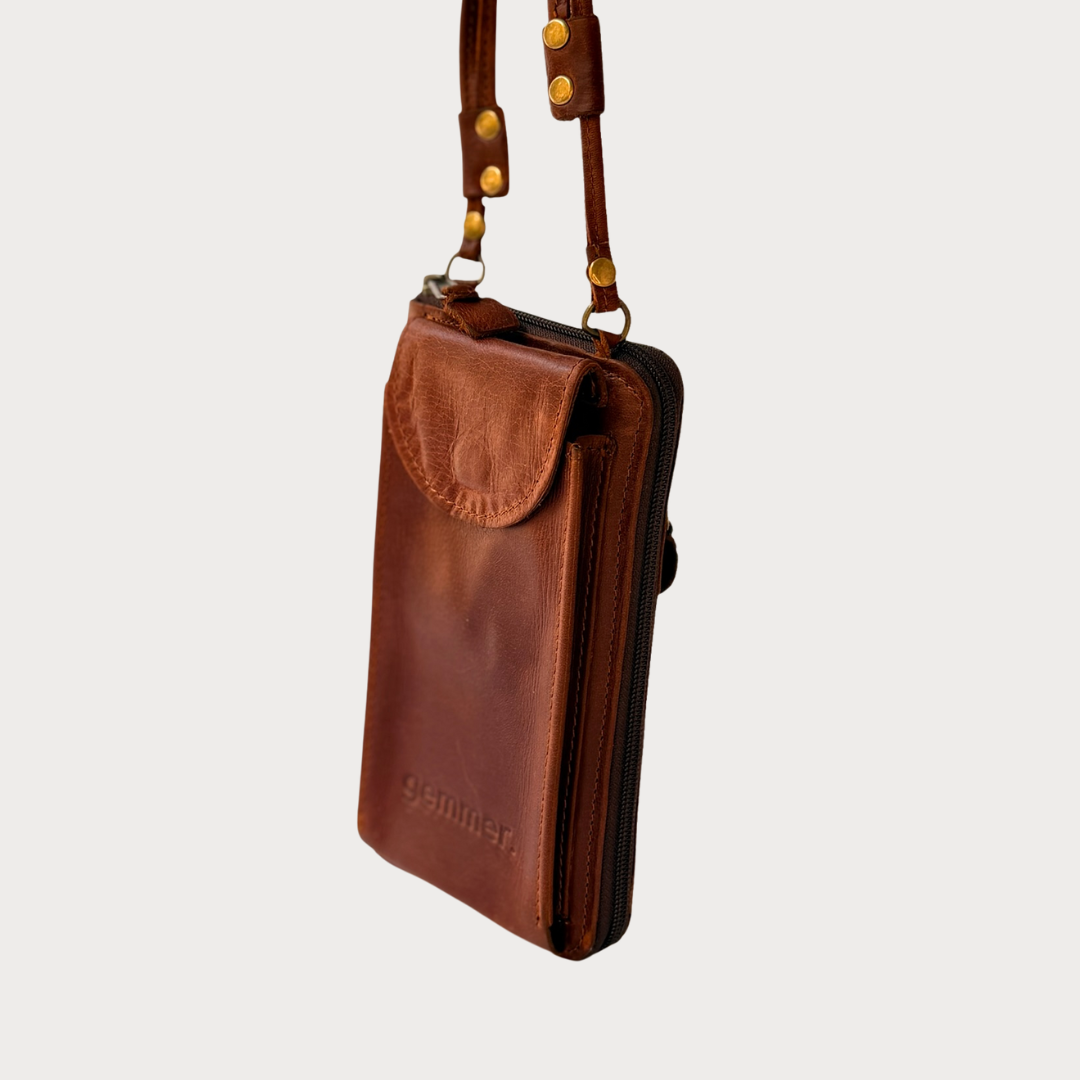 TRVL Crossbody Bag – Side View – Tobacco Leather Crossbody Bag