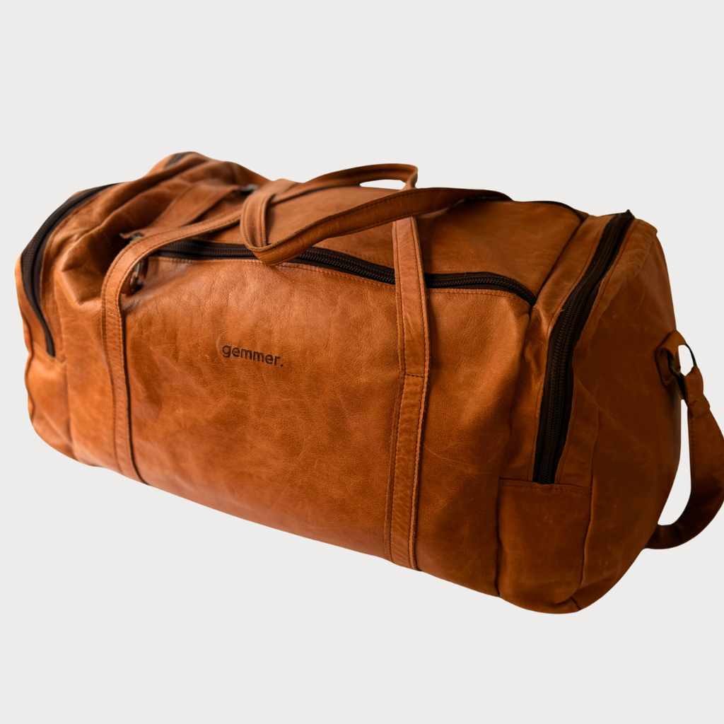 TRVL Duffel Bag Large – Side View – Toffee Leather Bag