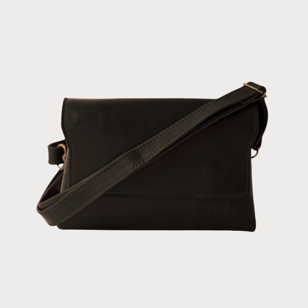 TRVL Sling Bag – Front View – Black Leather Bag